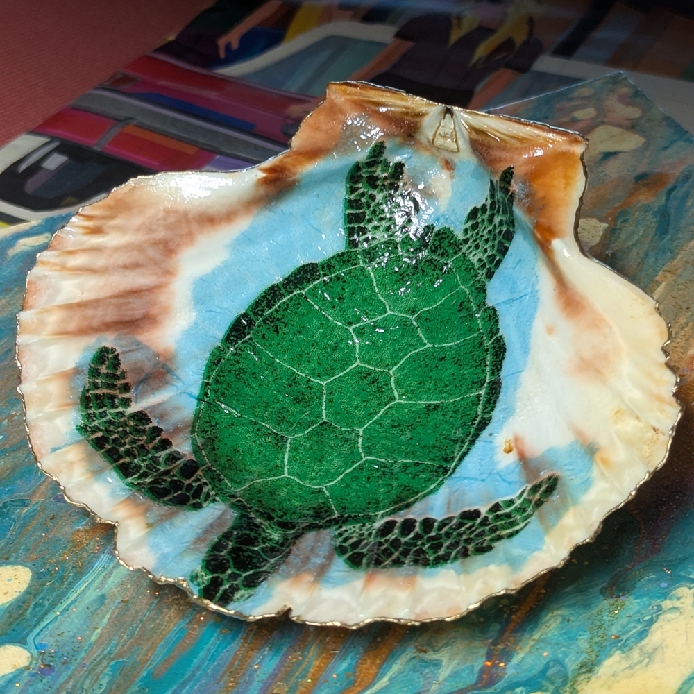 Hand Crafted Decoupaged Scallop Shell Turtle Diving On Natural Background 4.5x4